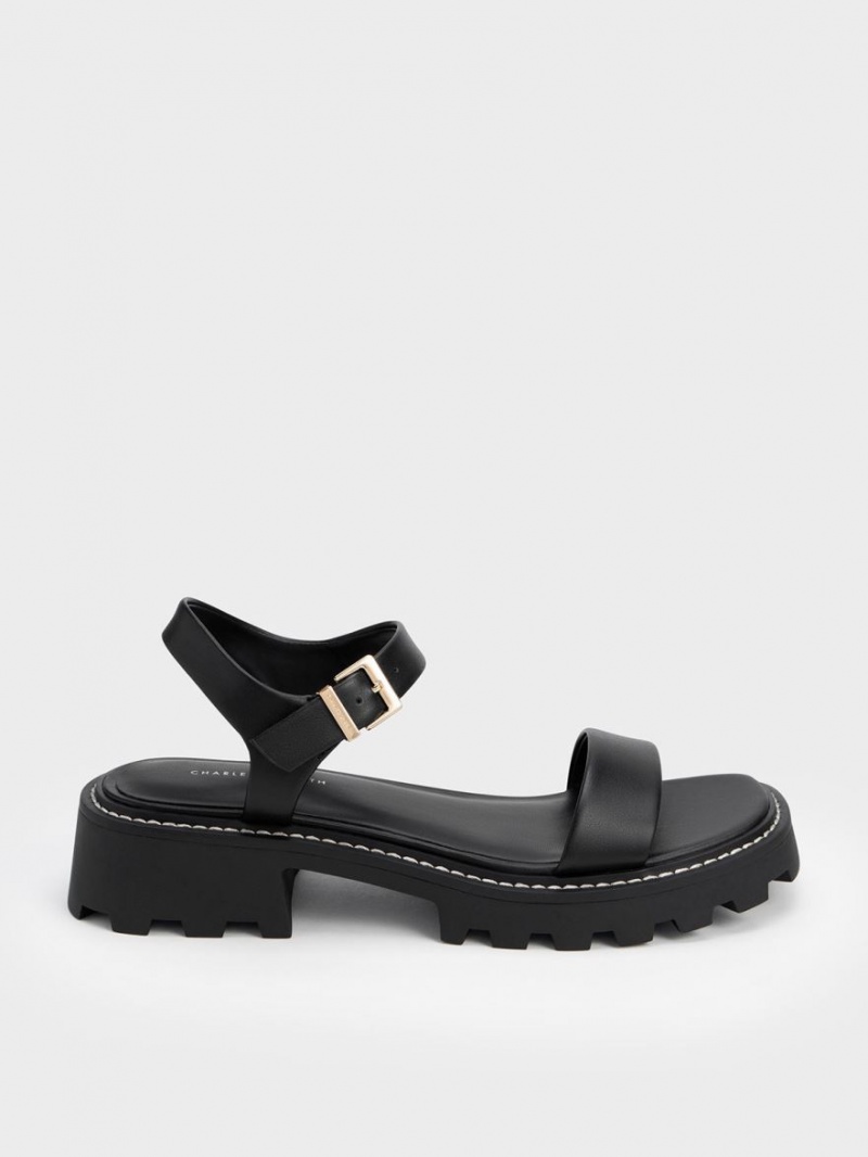 Πεδιλα Πλατφορμεσ Charles And Keith Stitch-Trim Buckled μαυρα | 98045-JFCZ