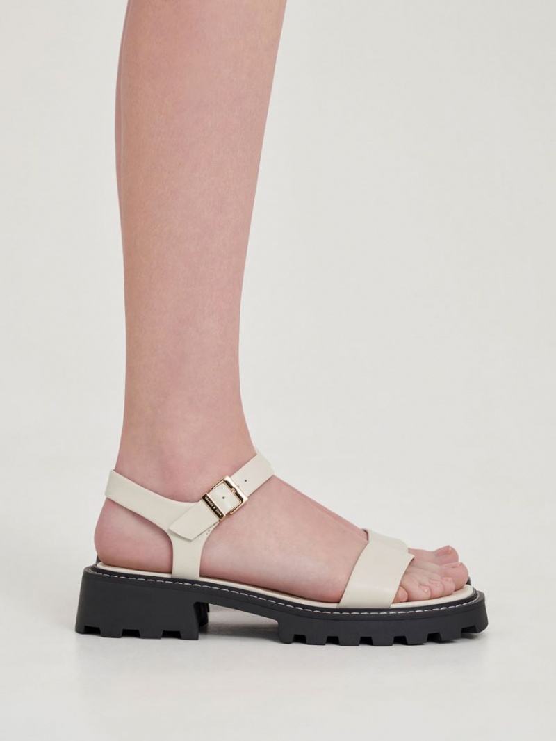 Πεδιλα Πλατφορμεσ Charles And Keith Stitch-Trim Buckled ασπρα | 12087-GZYD