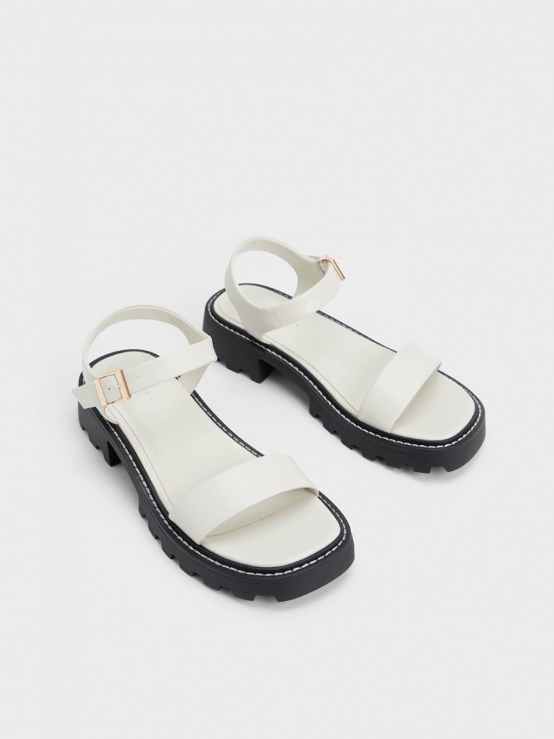 Πεδιλα Πλατφορμεσ Charles And Keith Stitch-Trim Buckled ασπρα | 12087-GZYD