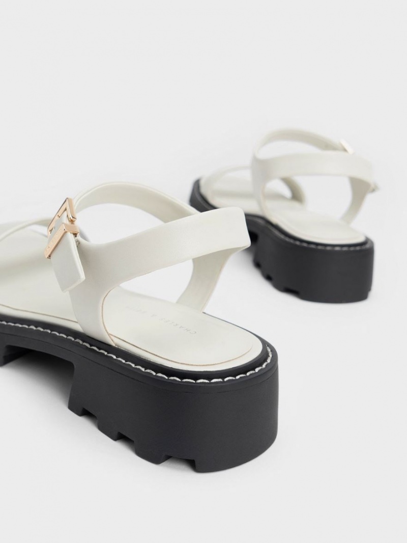 Πεδιλα Πλατφορμεσ Charles And Keith Stitch-Trim Buckled ασπρα | 12087-GZYD