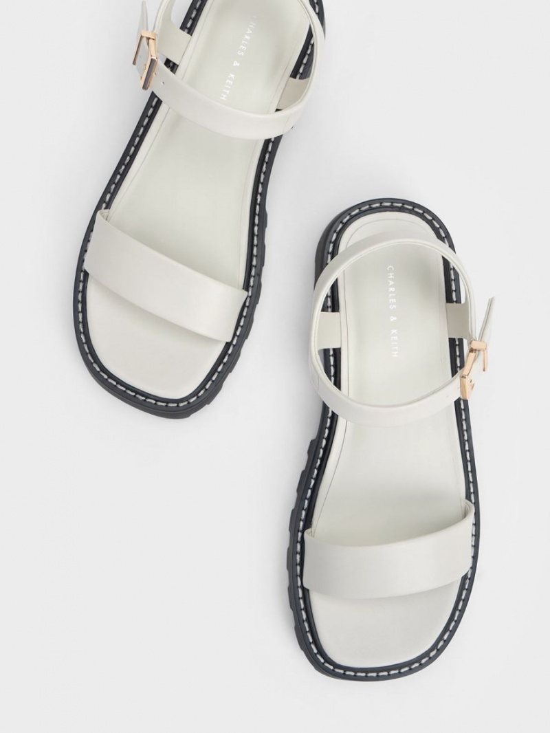Πεδιλα Πλατφορμεσ Charles And Keith Stitch-Trim Buckled ασπρα | 12087-GZYD