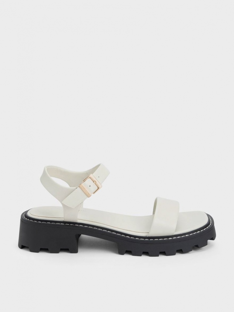 Πεδιλα Πλατφορμεσ Charles And Keith Stitch-Trim Buckled ασπρα | 12087-GZYD