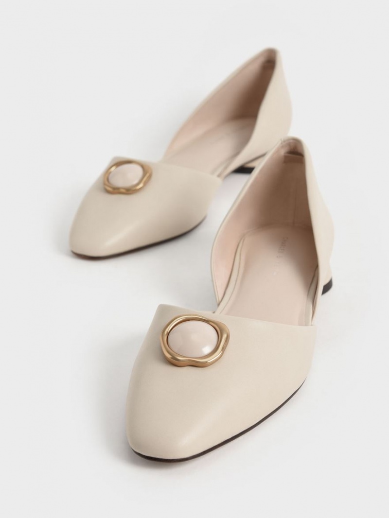 Παπουτσια Μπαλαρινεσ Charles And Keith Stone Embellished D'Orsay κρέμα | 23096-SUZX
