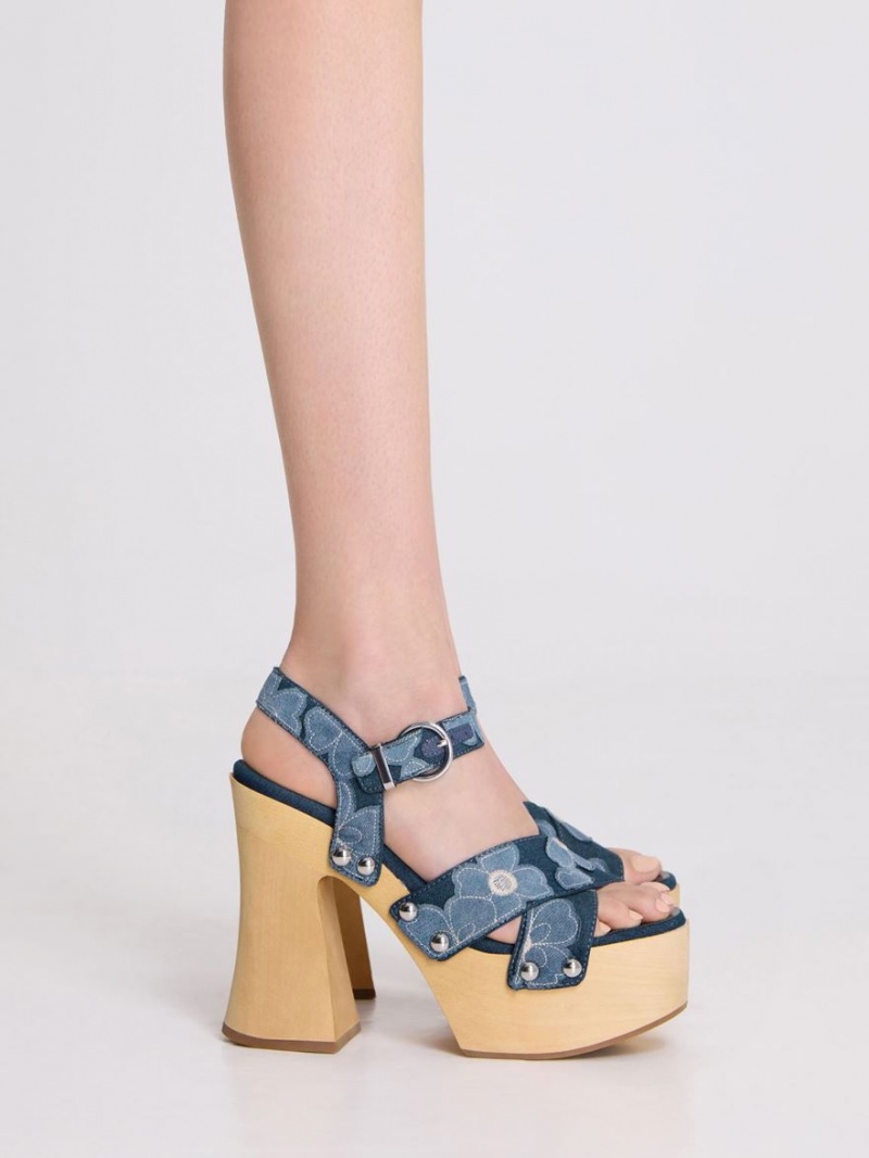 Πεδιλα Πλατφορμεσ Charles And Keith Tabitha Floral Denim Crossover μπλε | 92780-YVJN