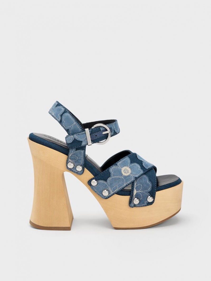 Πεδιλα Πλατφορμεσ Charles And Keith Tabitha Floral Denim Crossover μπλε | 92780-YVJN