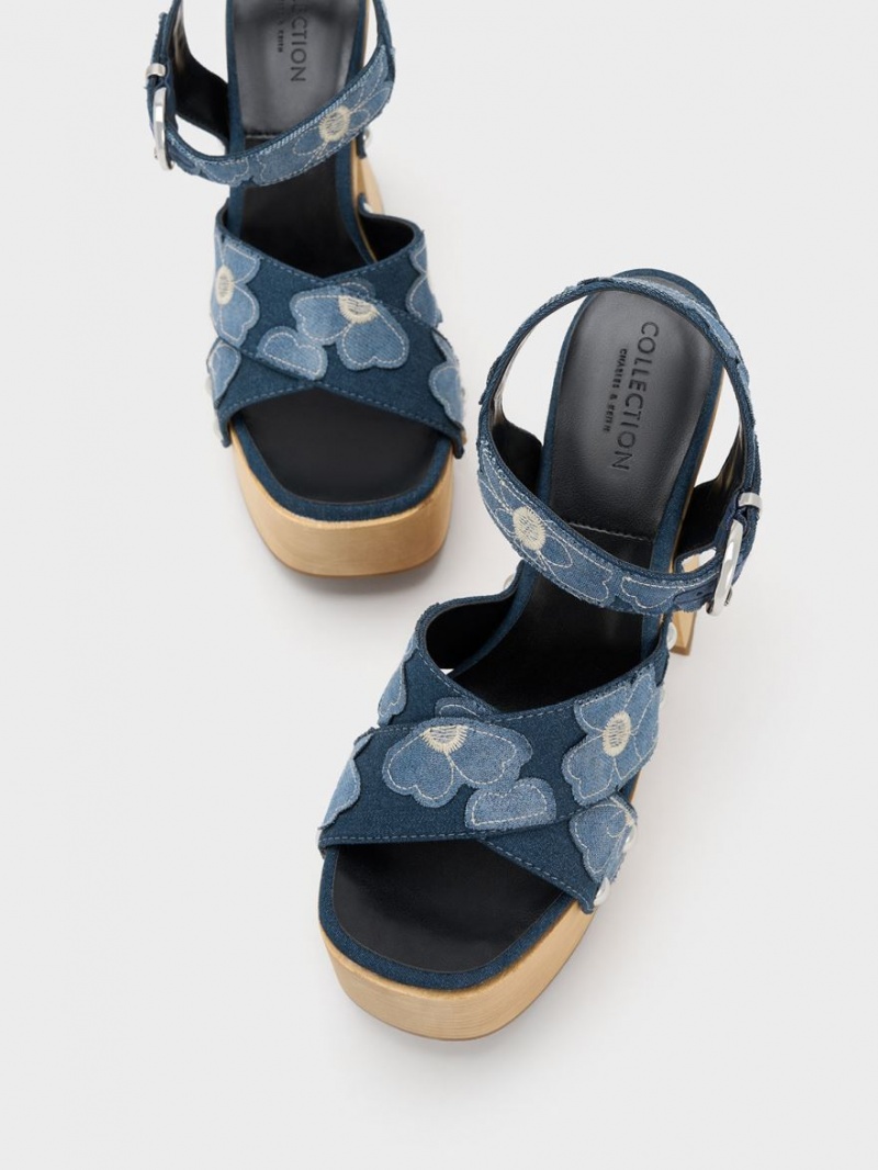 Πεδιλα Πλατφορμεσ Charles And Keith Tabitha Floral Denim Crossover μπλε | 92780-YVJN