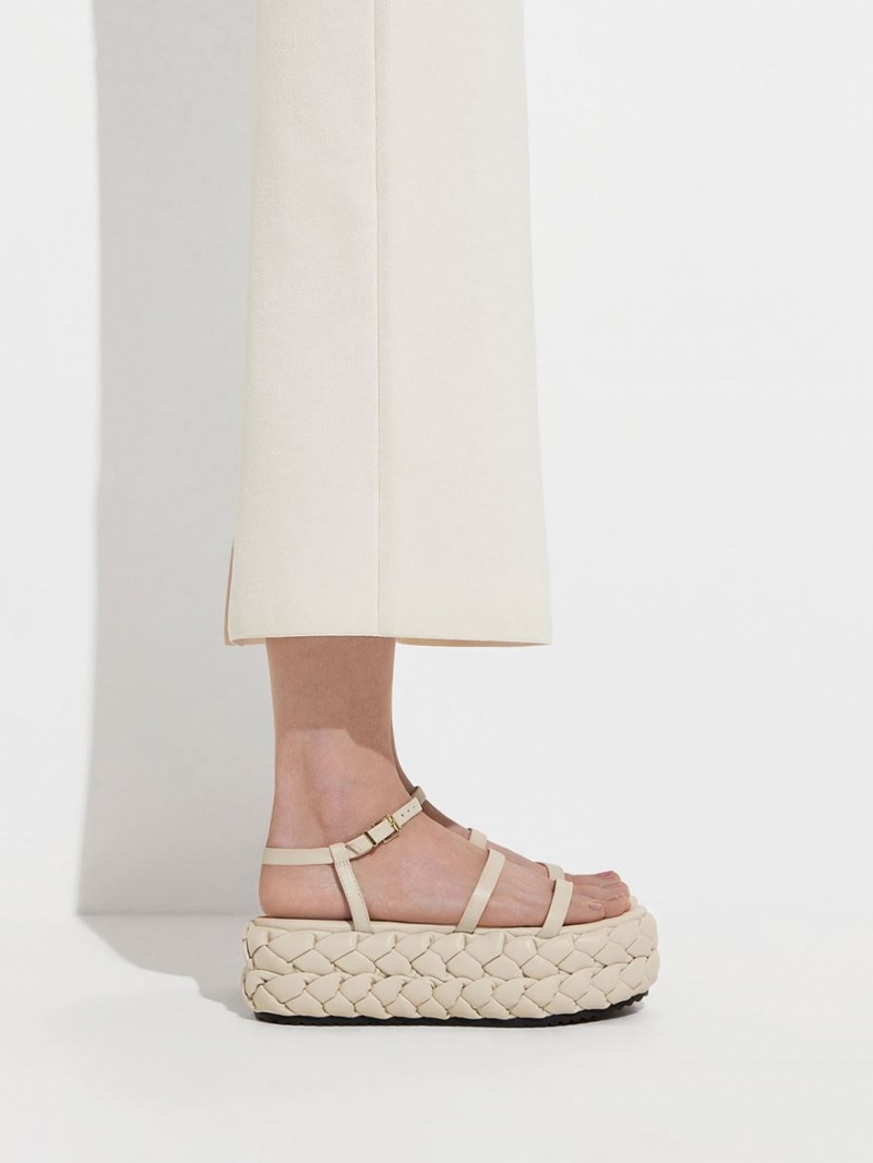 Πεδιλα Πλατφορμεσ Charles And Keith Tali δερματινα Braided ασπρα | 85467-SAWH