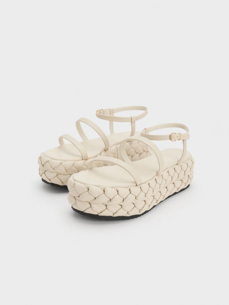 Πεδιλα Πλατφορμεσ Charles And Keith Tali δερματινα Braided ασπρα | 85467-SAWH