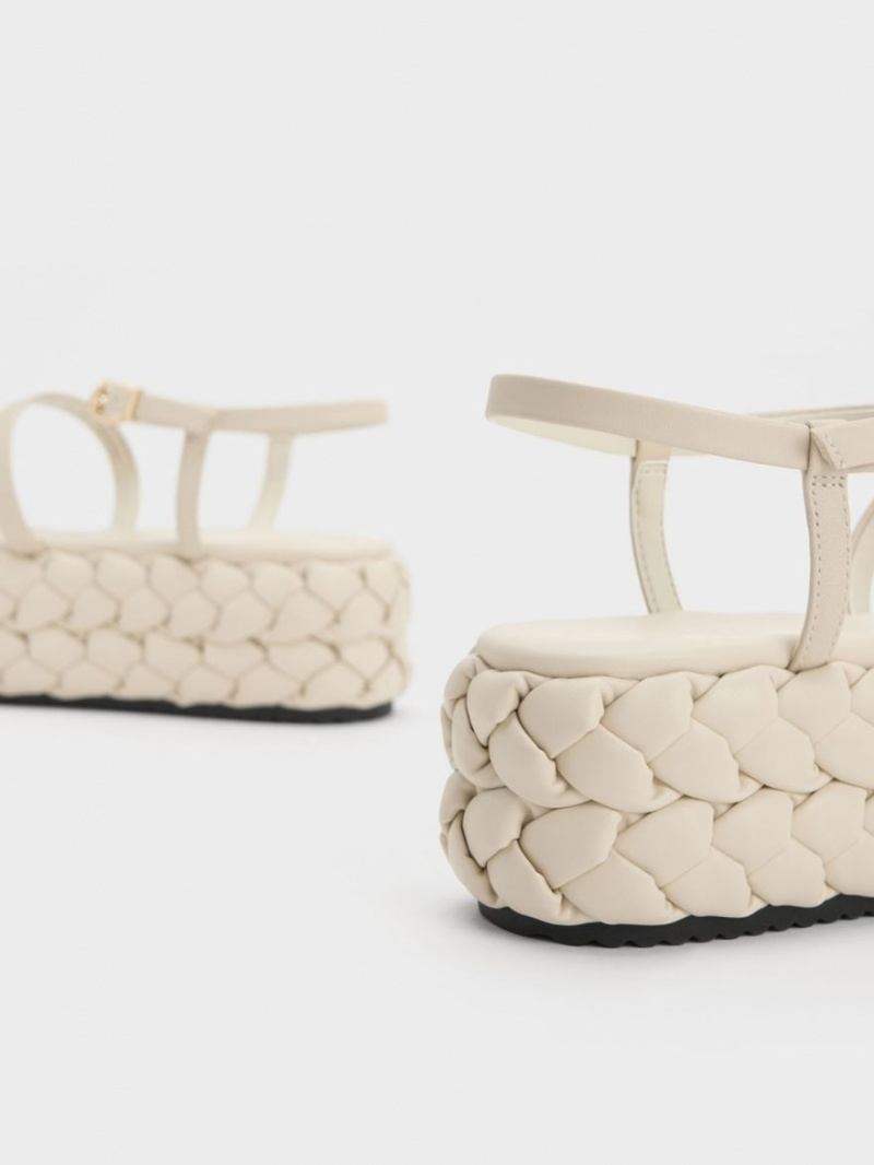 Πεδιλα Πλατφορμεσ Charles And Keith Tali δερματινα Braided ασπρα | 85467-SAWH