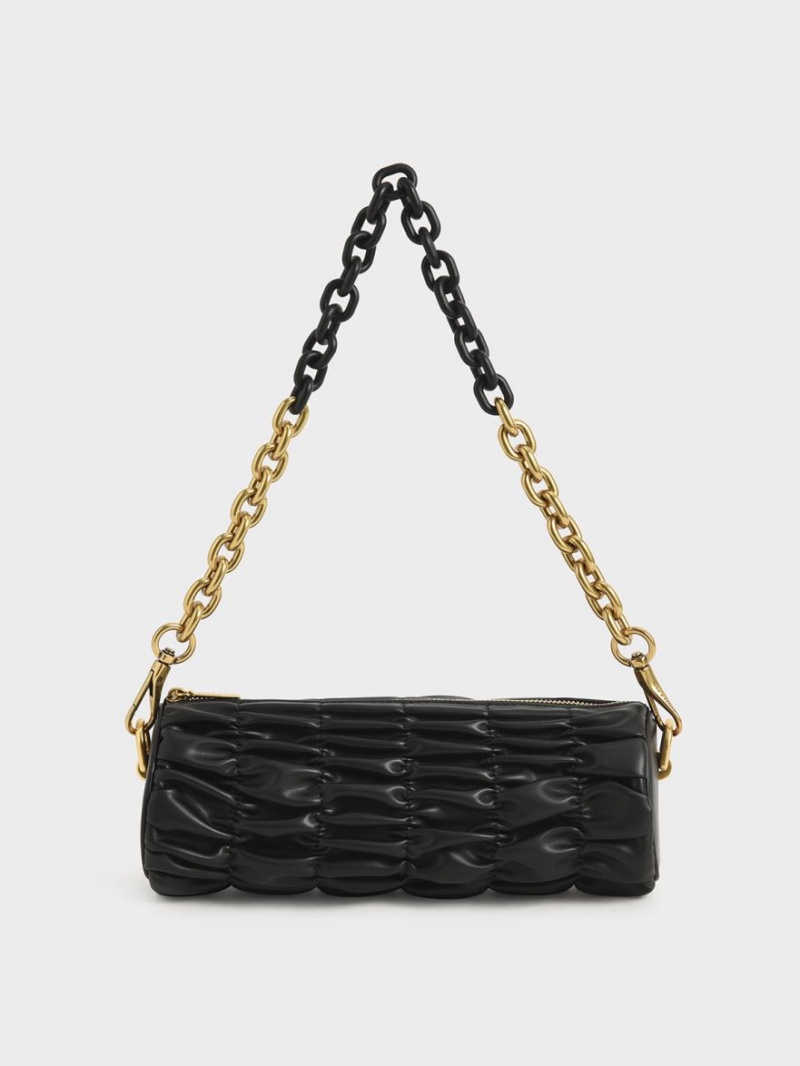 τσάντεσ ώμου Charles And Keith Tallulah Ruched Chain-Handle μαυρα | 83194-GQKB