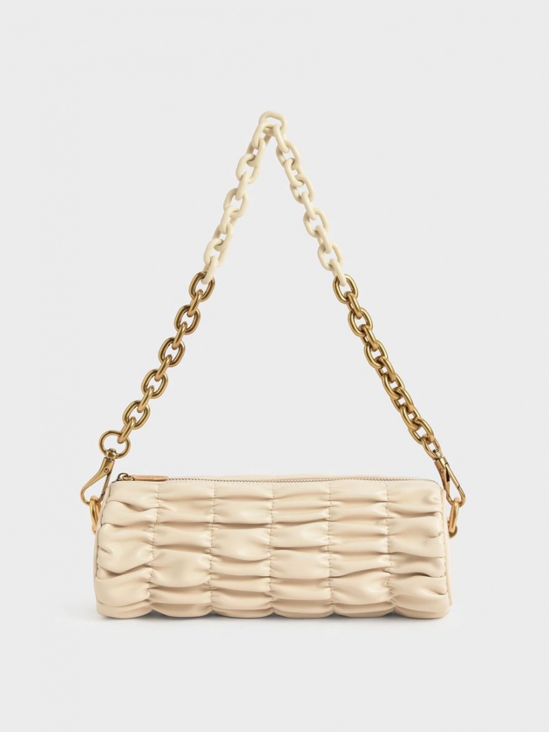 τσάντεσ ώμου Charles And Keith Tallulah Ruched Chain-Handle Μπεζ | 12395-QYGF