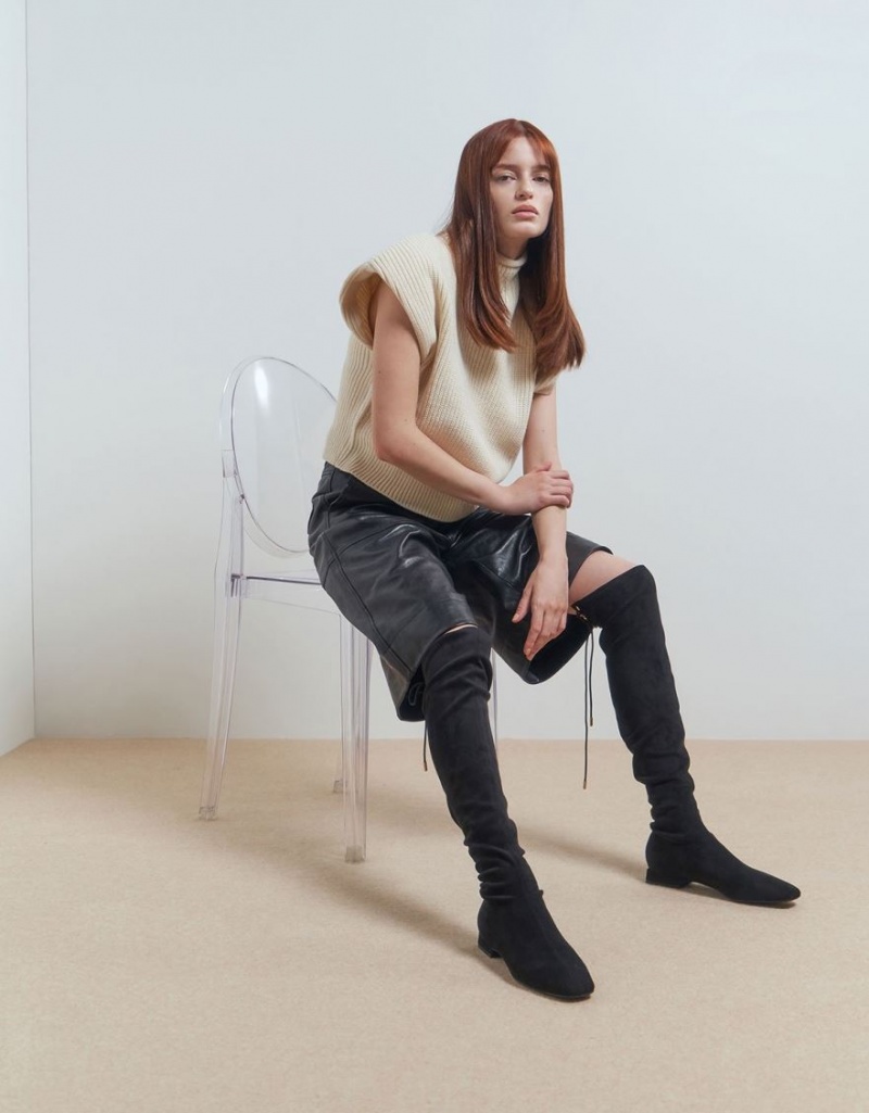 ψηλεσ μποτεσ Charles And Keith Textured Thigh μαυρα | 25791-UTIK