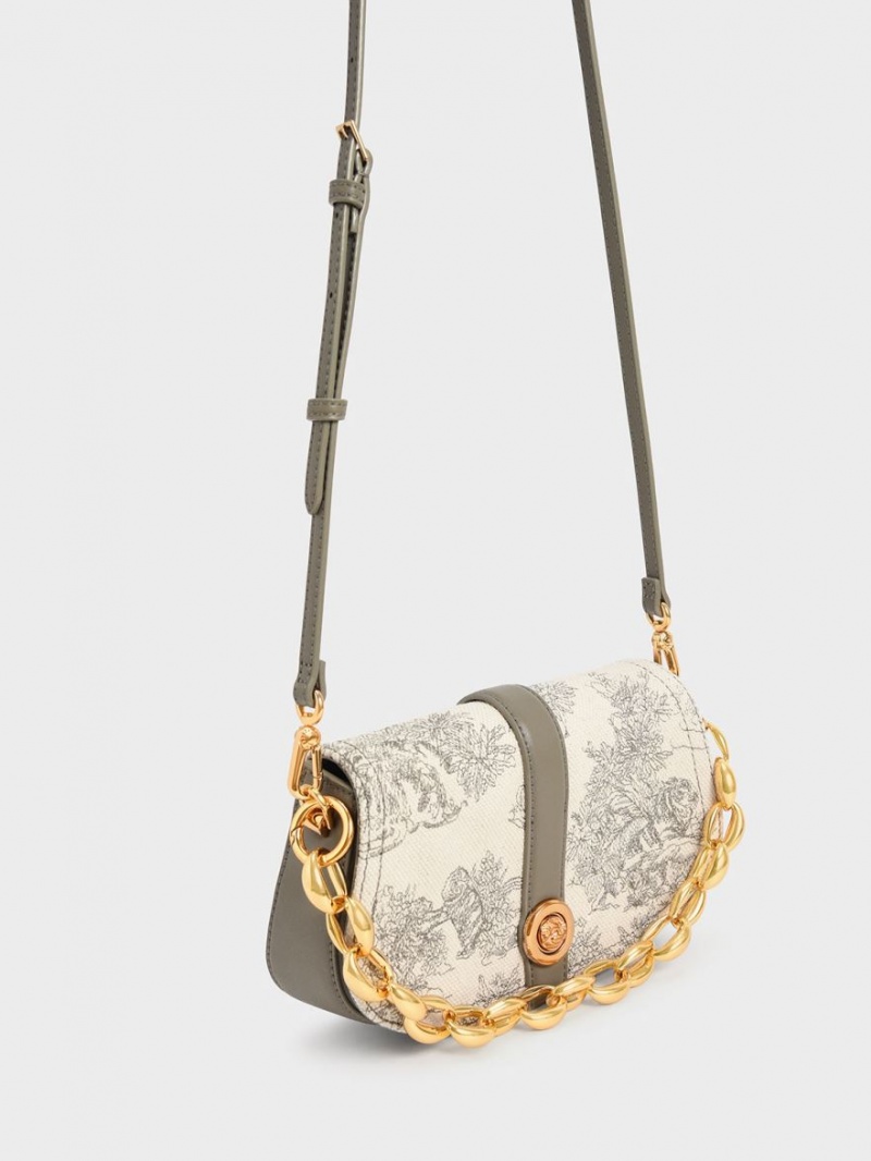 τσάντεσ ώμου Charles And Keith Tiger Calligraphy Chain Handle γκρι | 98203-YFDW