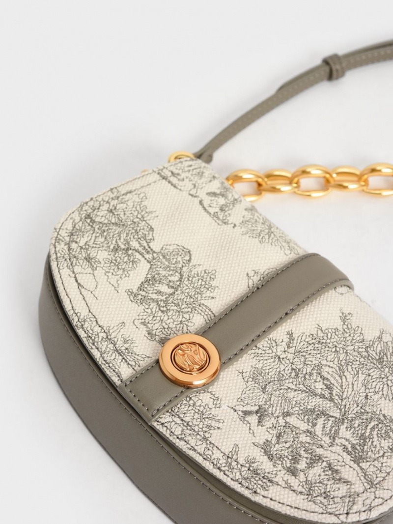 τσάντεσ ώμου Charles And Keith Tiger Calligraphy Chain Handle γκρι | 98203-YFDW
