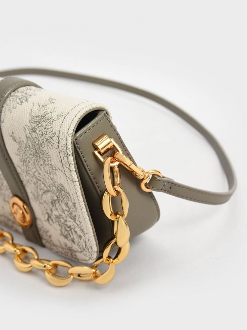 τσάντεσ ώμου Charles And Keith Tiger Calligraphy Chain Handle γκρι | 98203-YFDW