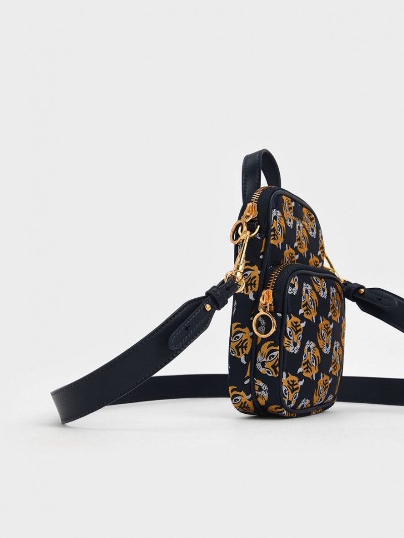 τσάντεσ χιαστί Charles And Keith Tiger Print Jacquard Long σκουρο μπλε | 52174-UBXY