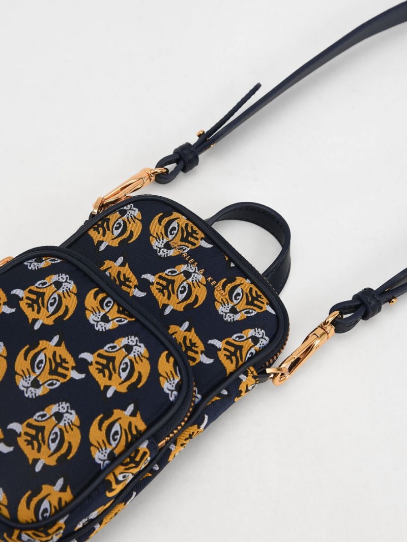 τσάντεσ χιαστί Charles And Keith Tiger Print Jacquard Long σκουρο μπλε | 52174-UBXY