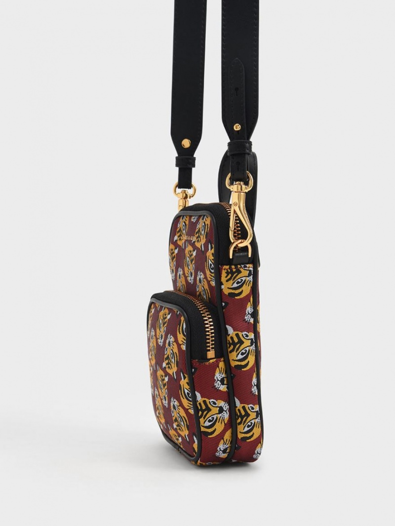 τσάντεσ χιαστί Charles And Keith Tiger Print Jacquard Long κοκκινα | 07418-IVHC