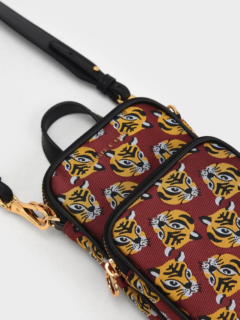 τσάντεσ χιαστί Charles And Keith Tiger Print Jacquard Long κοκκινα | 07418-IVHC