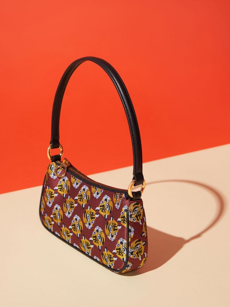 τσάντεσ ώμου Charles And Keith Tiger Print Jacquard κοκκινα | 18705-WUCA