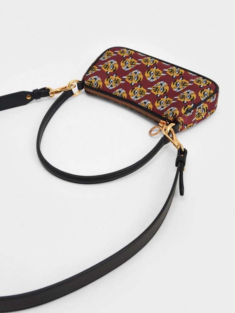 τσάντεσ ώμου Charles And Keith Tiger Print Jacquard κοκκινα | 18705-WUCA
