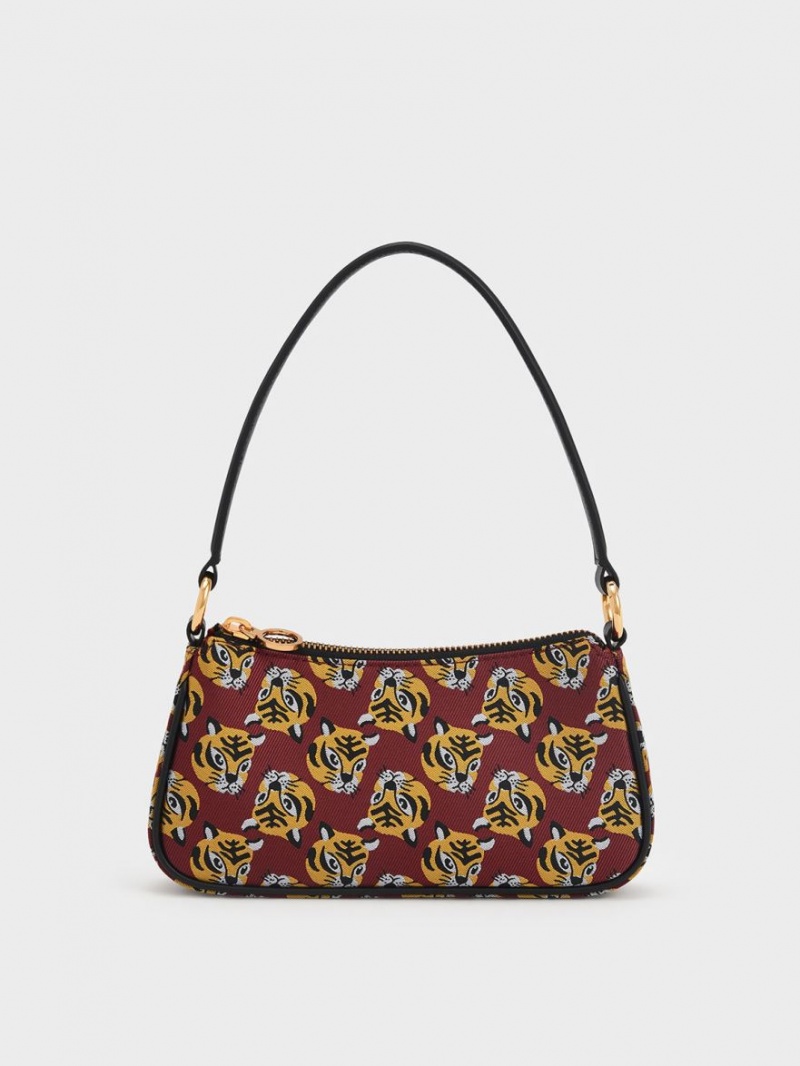 τσάντεσ ώμου Charles And Keith Tiger Print Jacquard κοκκινα | 18705-WUCA