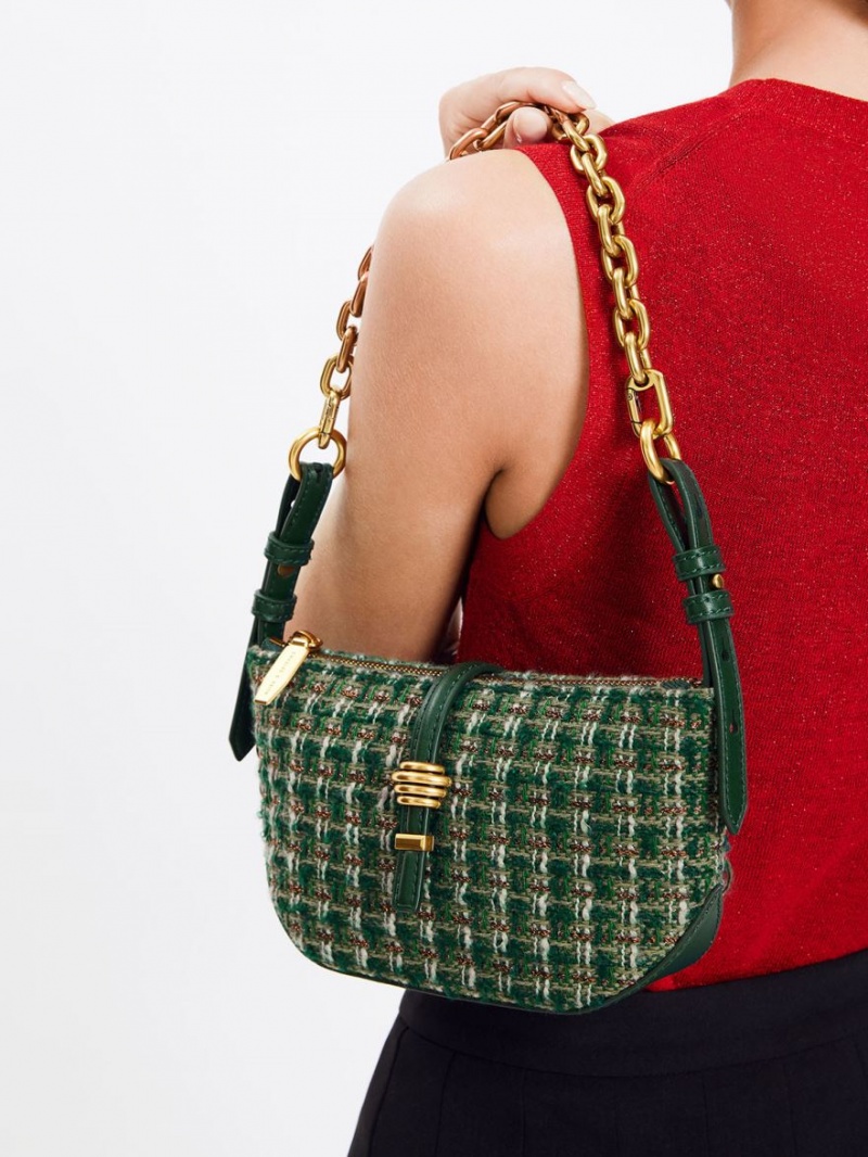 τσάντεσ ώμου Charles And Keith Trudy Tweed Belted Geometric σκούρο πρασινο | 90538-UJCE