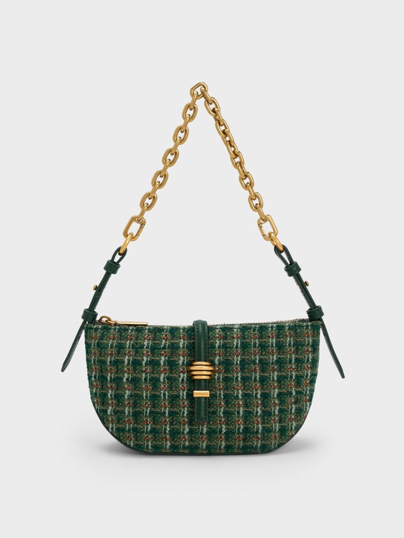 τσάντεσ ώμου Charles And Keith Trudy Tweed Belted Geometric σκούρο πρασινο | 90538-UJCE
