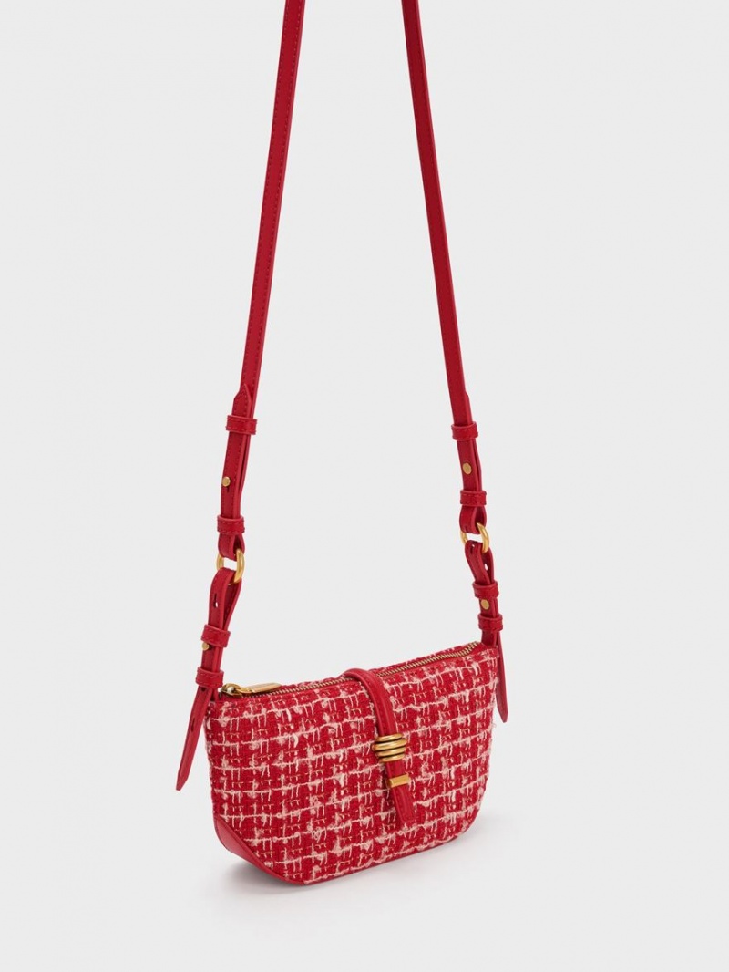 τσάντεσ ώμου Charles And Keith Trudy Tweed Belted Geometric κοκκινα | 18064-KHNZ