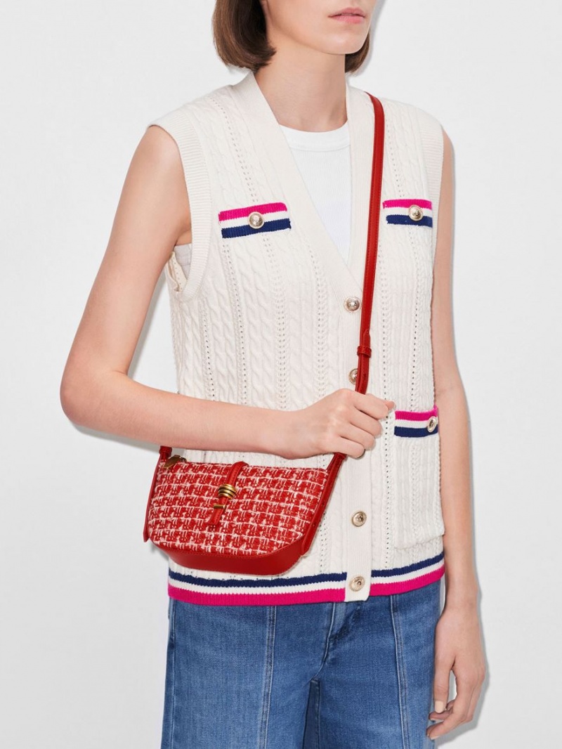 τσάντεσ ώμου Charles And Keith Trudy Tweed Belted Geometric κοκκινα | 18064-KHNZ