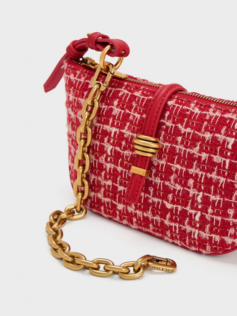 τσάντεσ ώμου Charles And Keith Trudy Tweed Belted Geometric κοκκινα | 18064-KHNZ