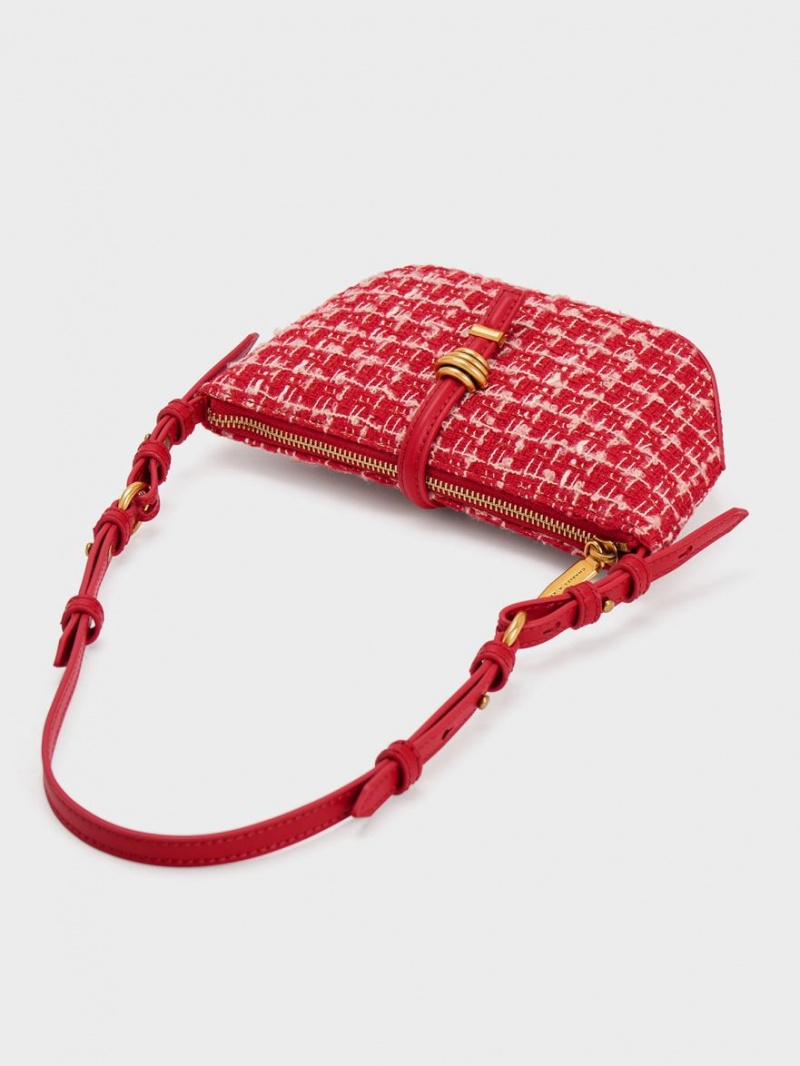 τσάντεσ ώμου Charles And Keith Trudy Tweed Belted Geometric κοκκινα | 18064-KHNZ