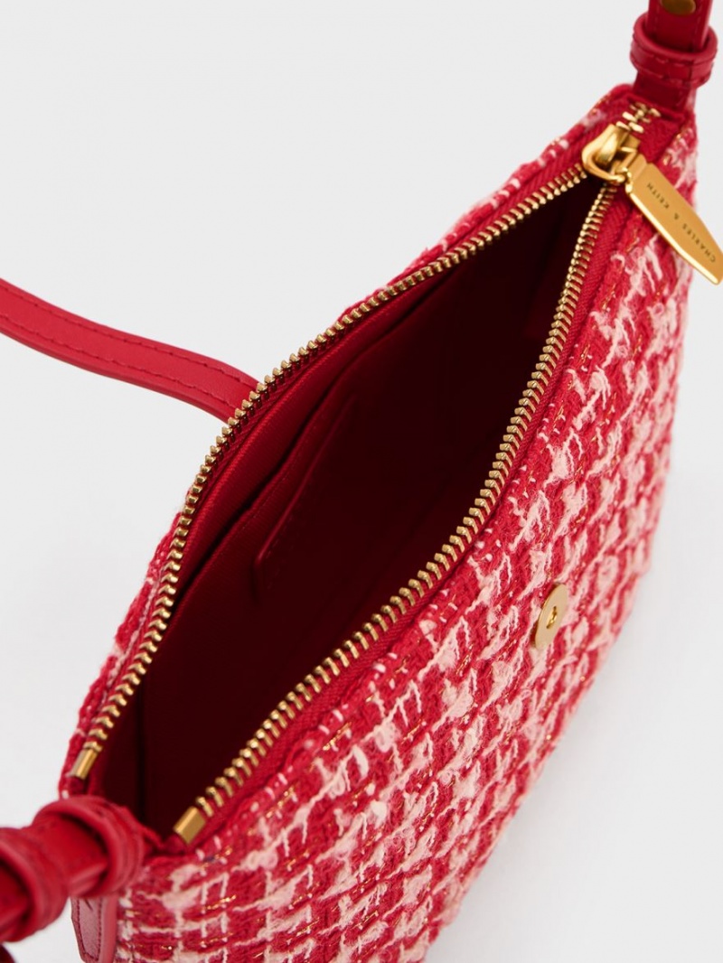 τσάντεσ ώμου Charles And Keith Trudy Tweed Belted Geometric κοκκινα | 18064-KHNZ
