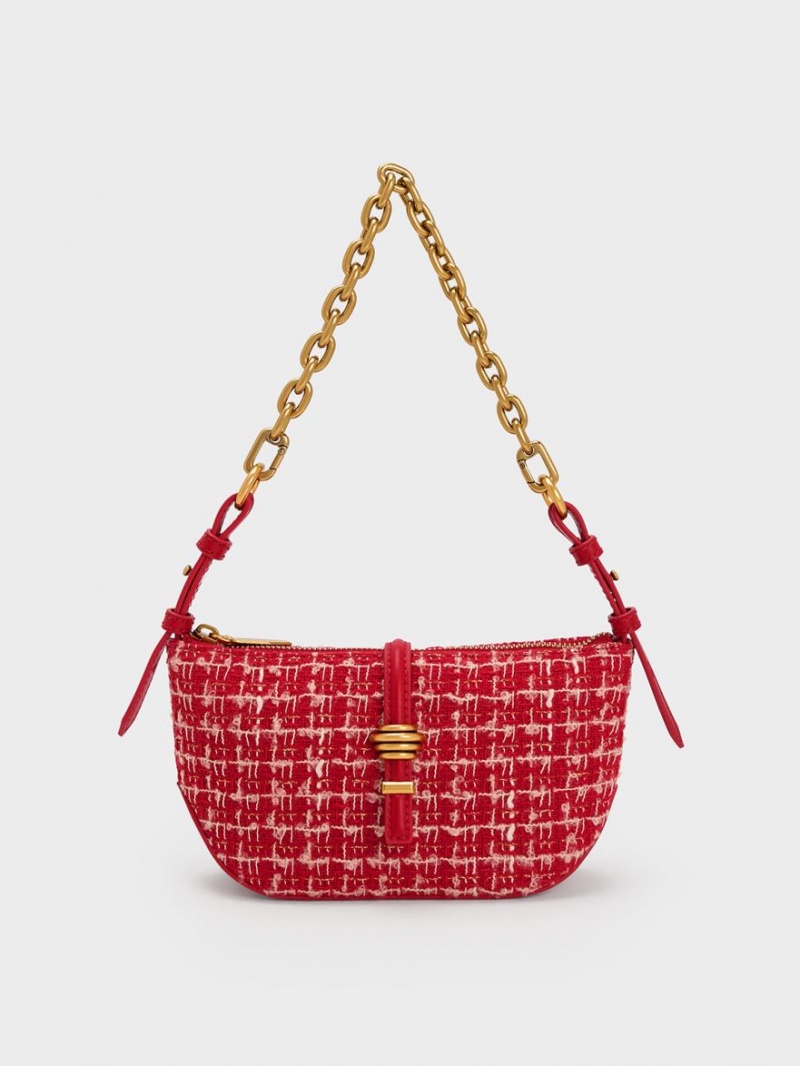 τσάντεσ ώμου Charles And Keith Trudy Tweed Belted Geometric κοκκινα | 18064-KHNZ