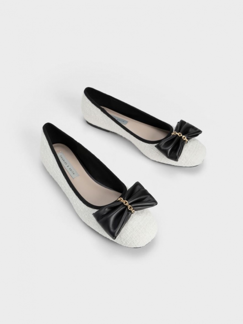 Παπουτσια Μπαλαρινεσ Charles And Keith Tweed Chain-Link Bow ασπρα | 96328-BNUF