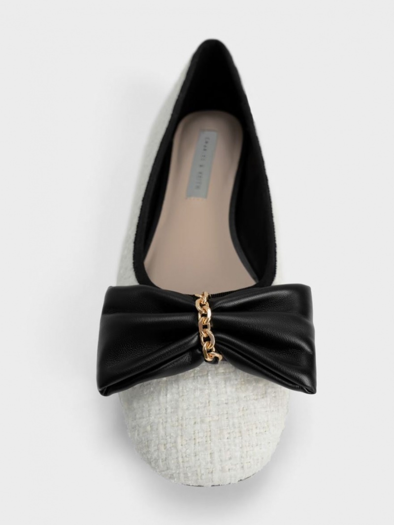 Παπουτσια Μπαλαρινεσ Charles And Keith Tweed Chain-Link Bow ασπρα | 96328-BNUF