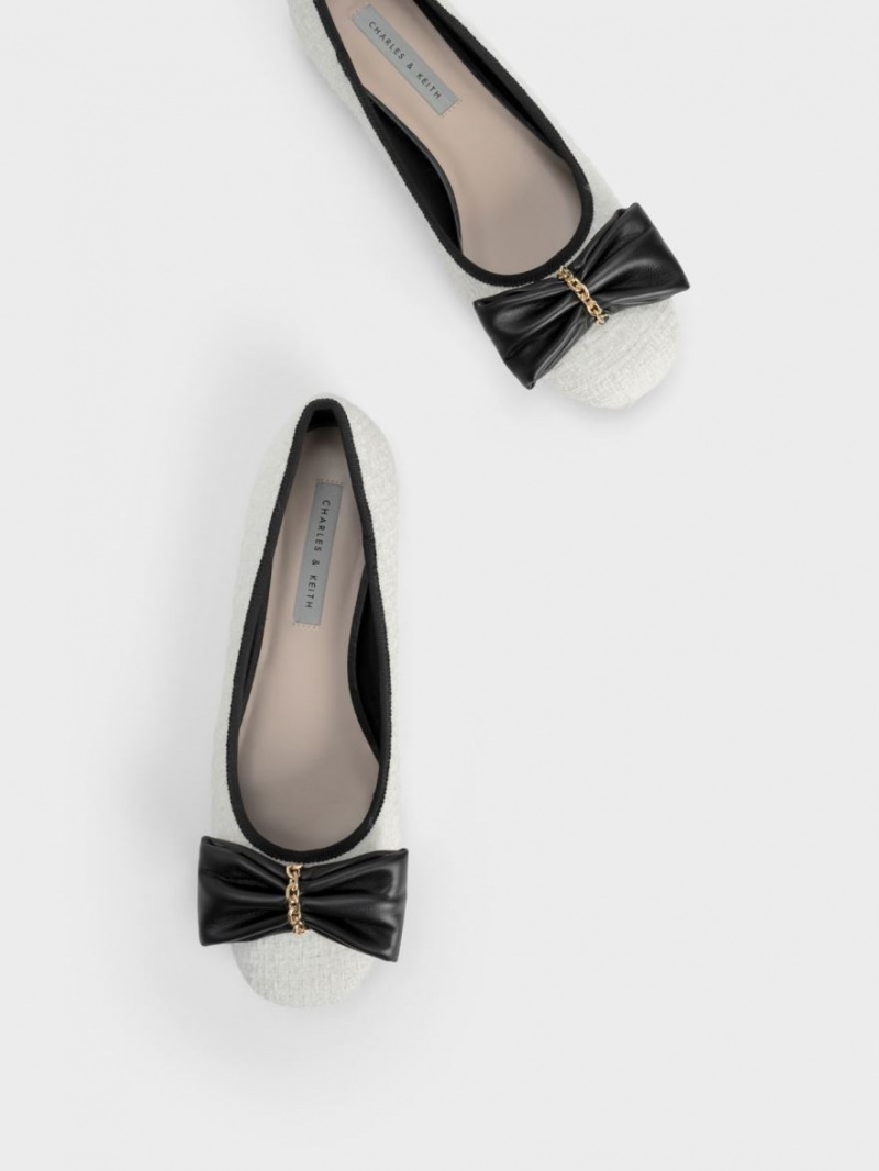 Παπουτσια Μπαλαρινεσ Charles And Keith Tweed Chain-Link Bow ασπρα | 96328-BNUF