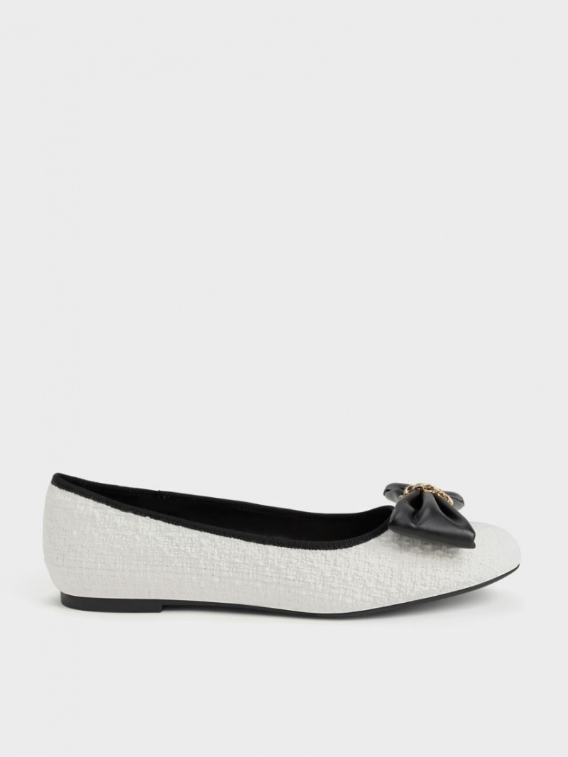 Παπουτσια Μπαλαρινεσ Charles And Keith Tweed Chain-Link Bow ασπρα | 96328-BNUF