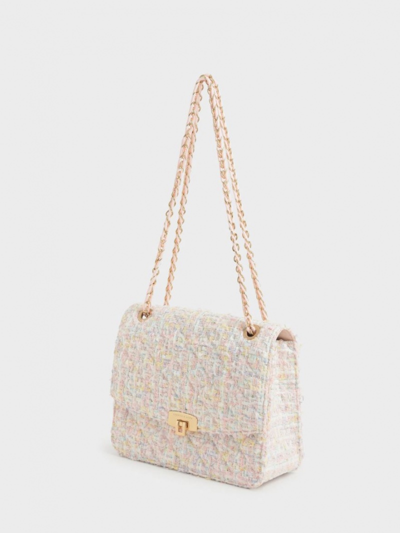 τσάντεσ ώμου Charles And Keith Tweed Chain λουρακια ροζ | 28903-JLXO
