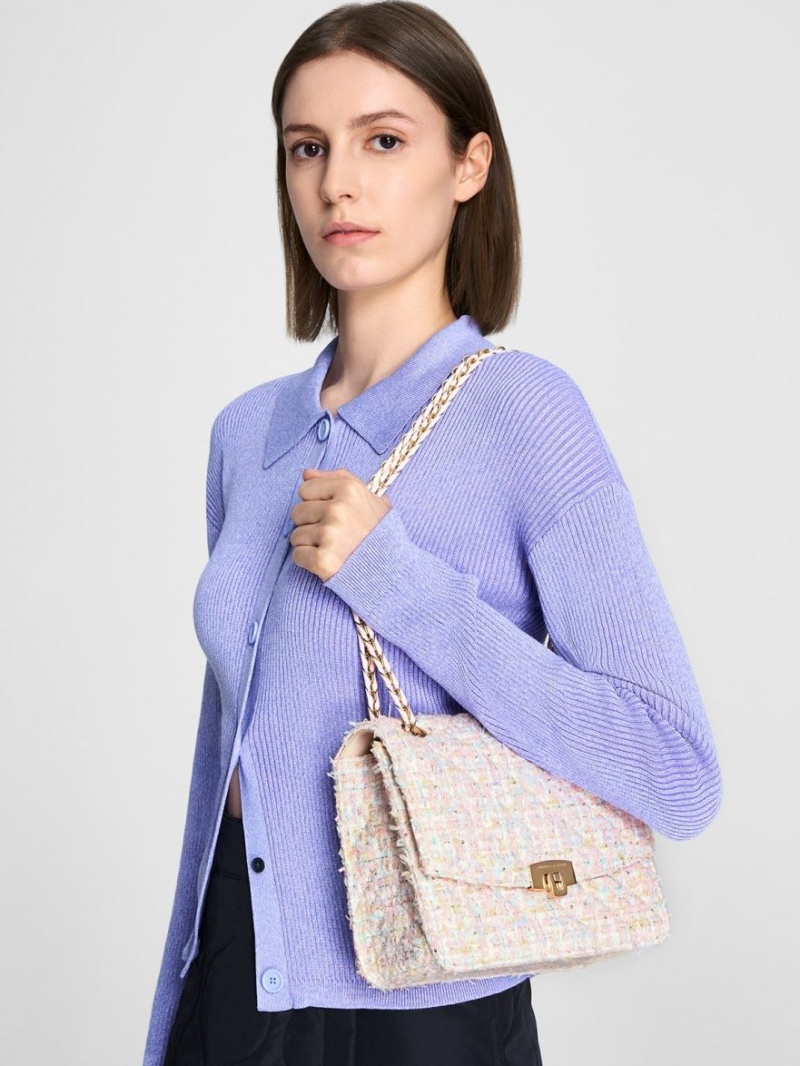τσάντεσ ώμου Charles And Keith Tweed Chain λουρακια ροζ | 28903-JLXO