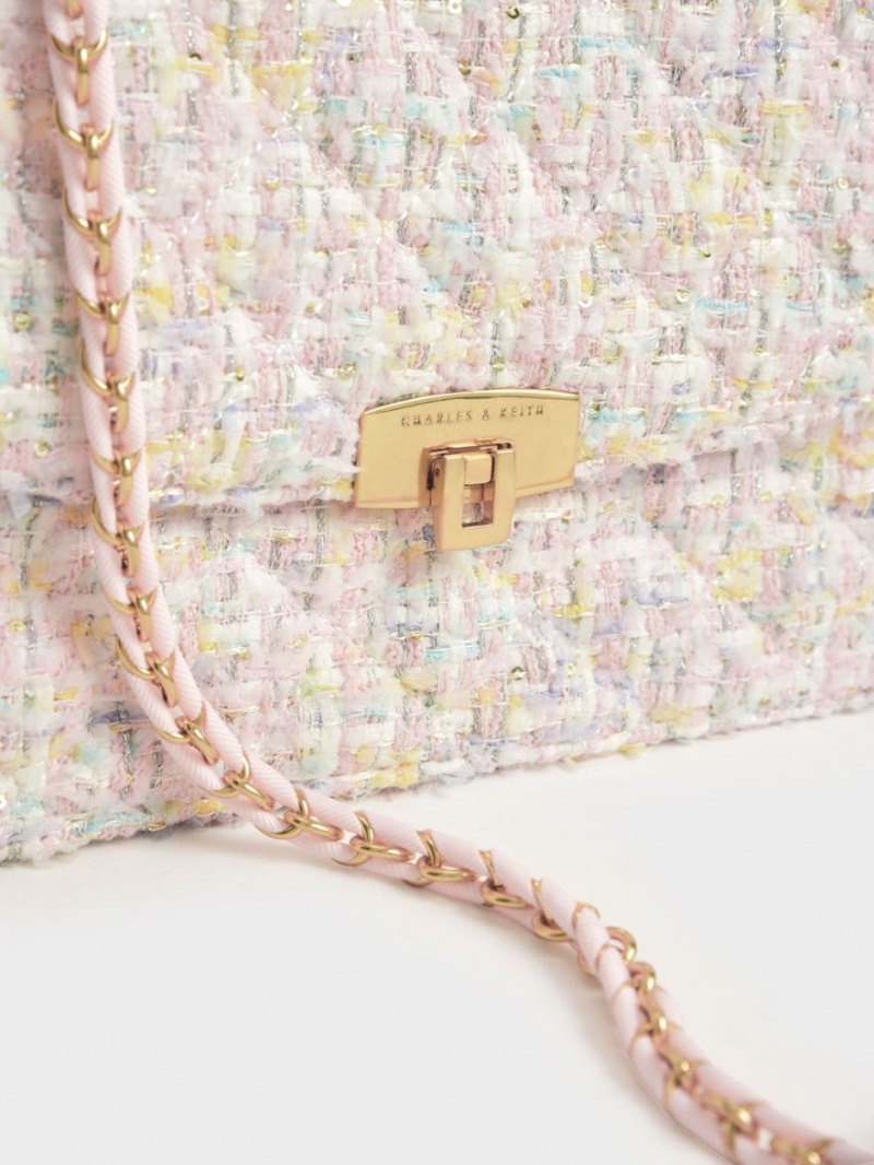 τσάντεσ ώμου Charles And Keith Tweed Chain λουρακια ροζ | 28903-JLXO
