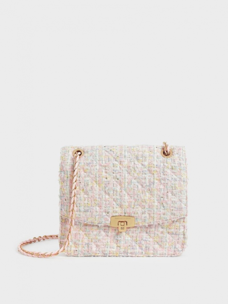 τσάντεσ ώμου Charles And Keith Tweed Chain λουρακια ροζ | 28903-JLXO