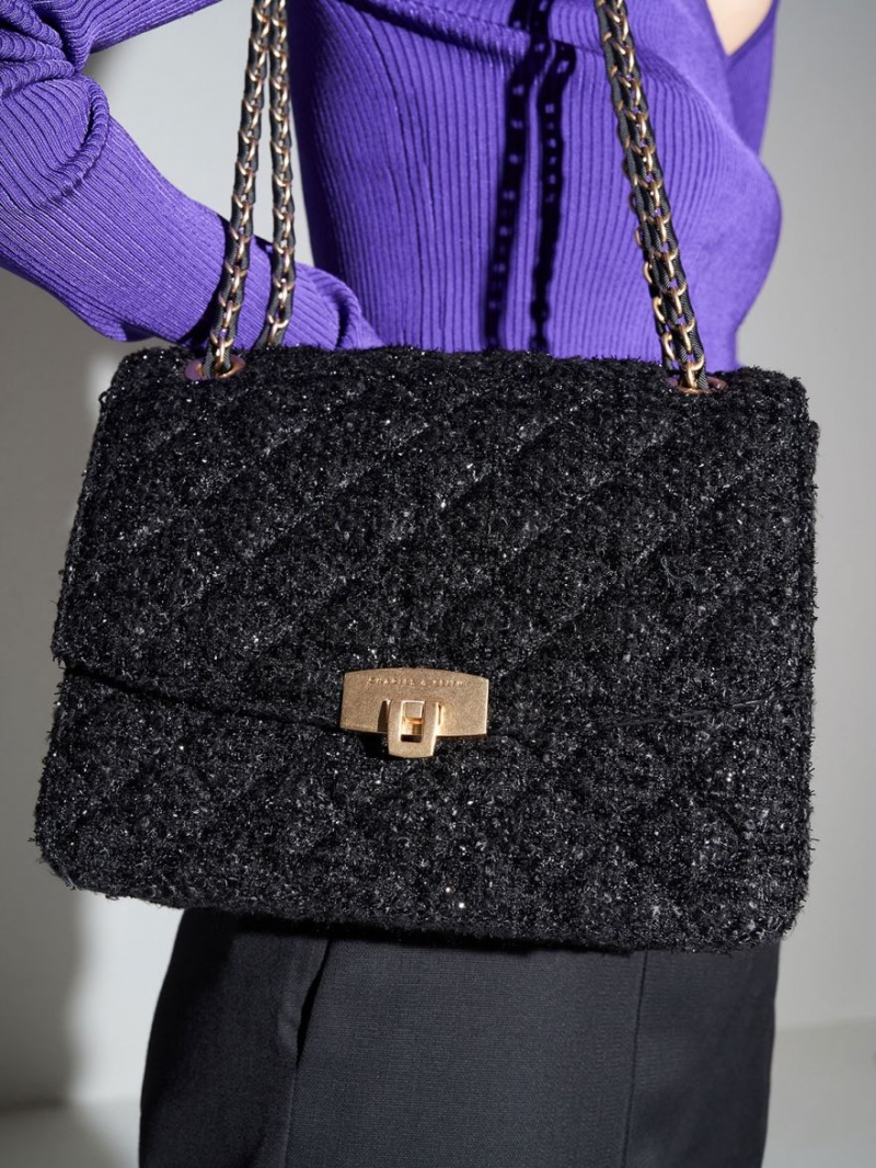 τσάντεσ ώμου Charles And Keith Tweed Chain λουρακια μαυρα | 84215-MXZN