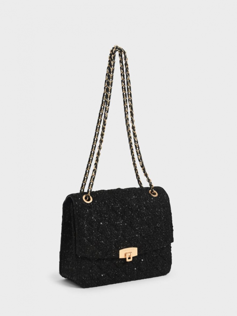 τσάντεσ ώμου Charles And Keith Tweed Chain λουρακια μαυρα | 84215-MXZN