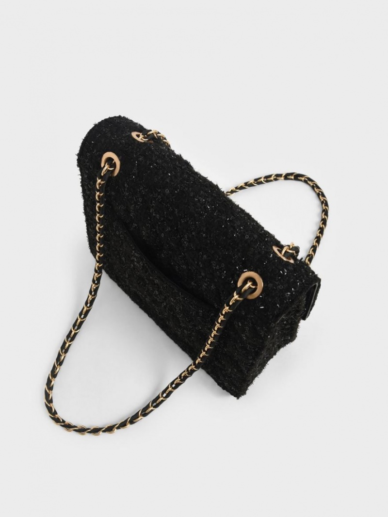 τσάντεσ ώμου Charles And Keith Tweed Chain λουρακια μαυρα | 84215-MXZN