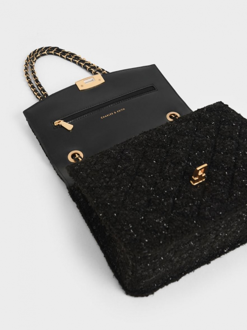 τσάντεσ ώμου Charles And Keith Tweed Chain λουρακια μαυρα | 84215-MXZN