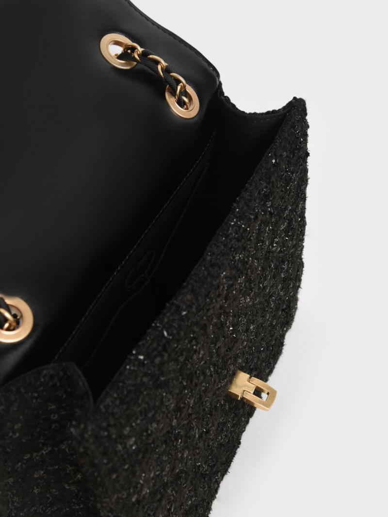 τσάντεσ ώμου Charles And Keith Tweed Chain λουρακια μαυρα | 84215-MXZN