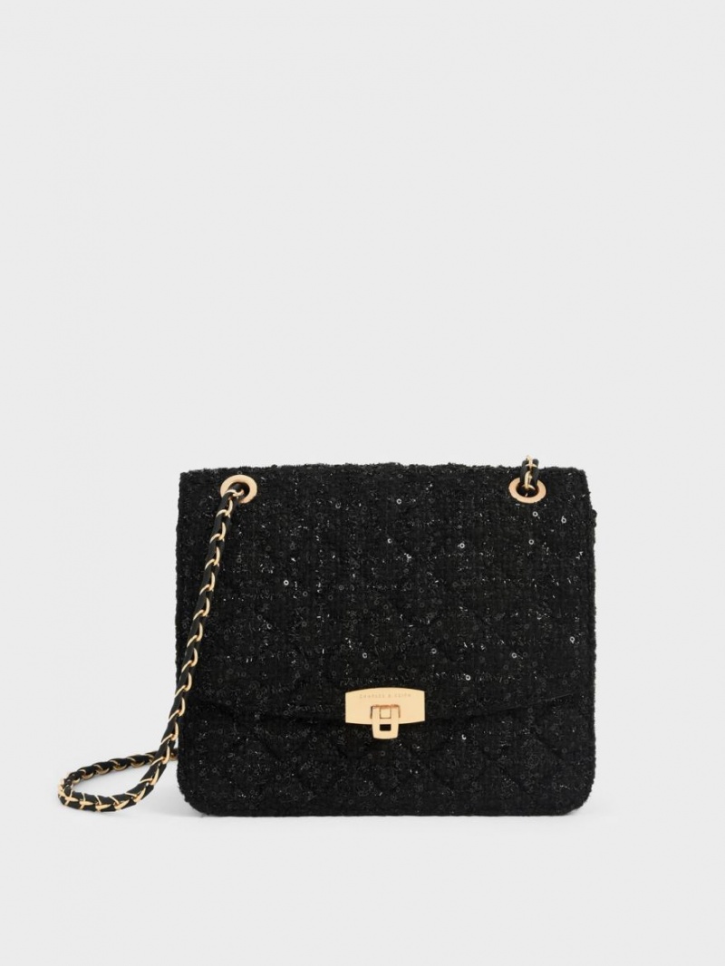 τσάντεσ ώμου Charles And Keith Tweed Chain λουρακια μαυρα | 84215-MXZN