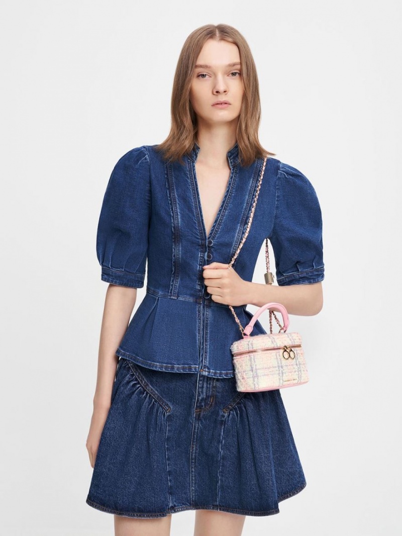 μίνι τσάντες Charles And Keith Tweed Two-Way Zip ροζ | 12358-ZFHQ