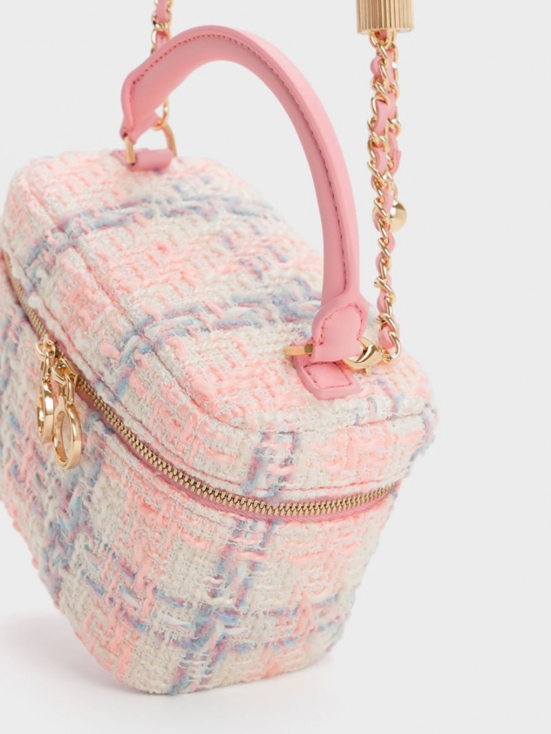 μίνι τσάντες Charles And Keith Tweed Two-Way Zip ροζ | 12358-ZFHQ